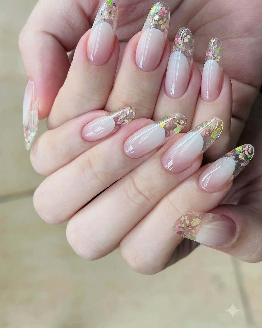 A gradient brush gently feathering and pulling nude gel polish downwards across the nail surface.