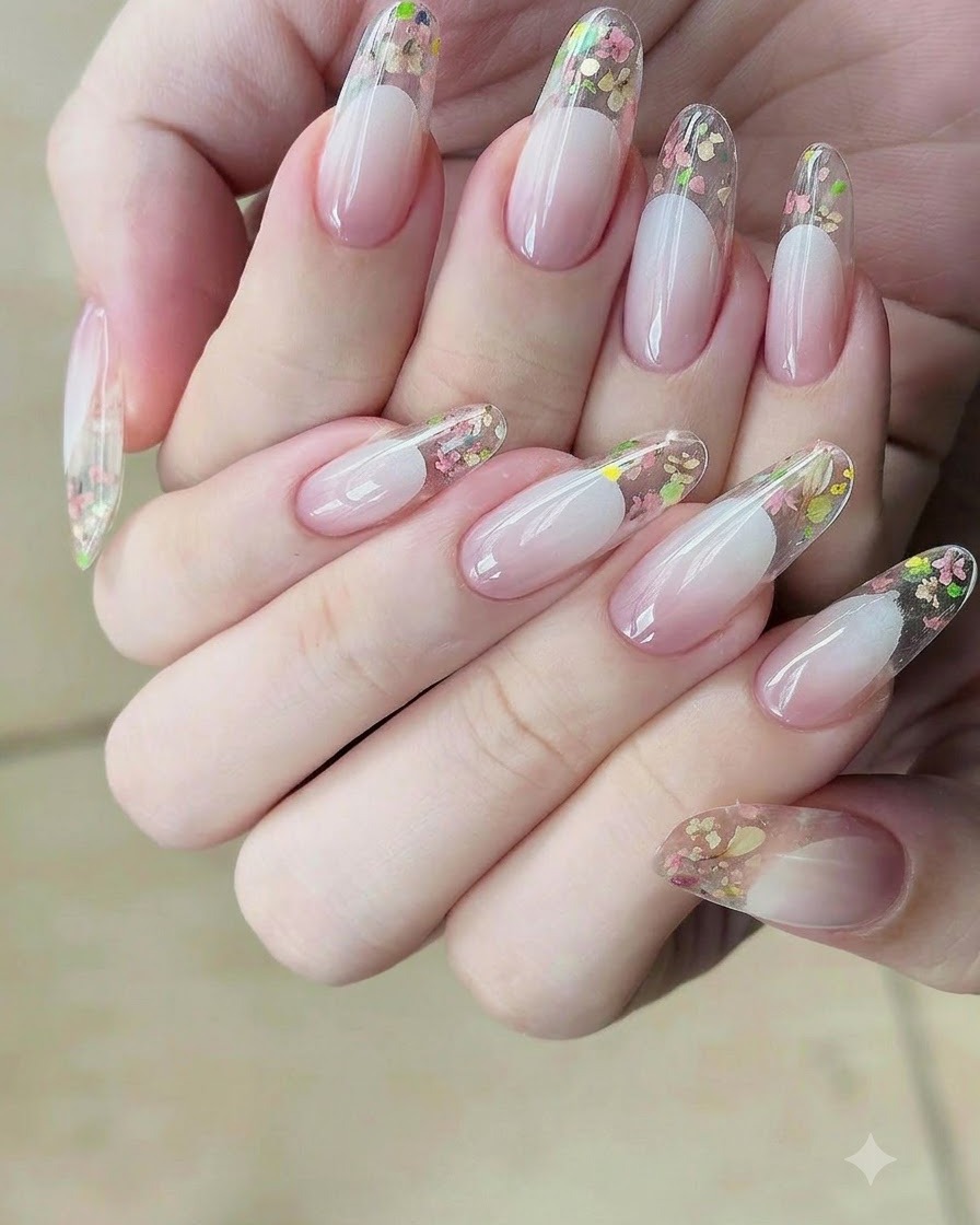 A nail artist reapplying nude polish over the previous layer to deepen the gradient fade.