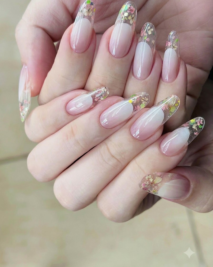 A close-up view of the nail receiving a second blended application of nude gradient color.