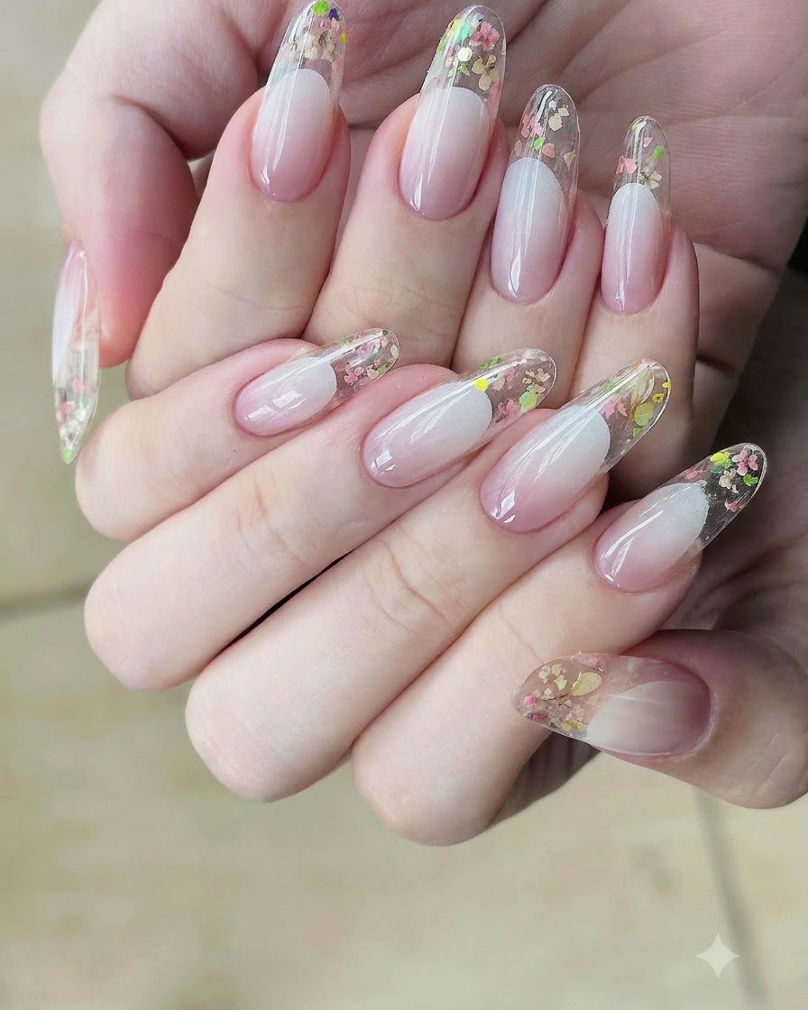 A pair of tweezers carefully placing a curved French tip guide sticker onto the nail.