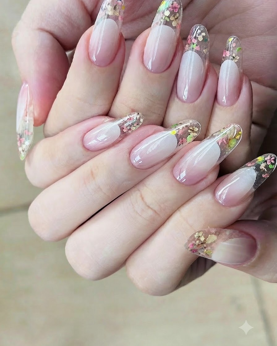 A small tool patting white builder gel onto the tip of the nail above the placement sticker.
