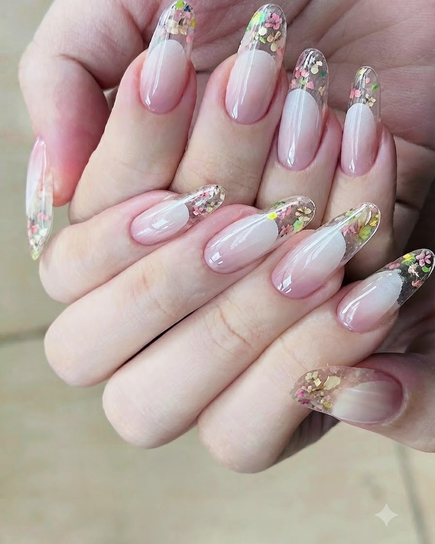 A nail brush painting a wet layer of clear builder gel onto the tip of an almond-shaped clear extension nail.