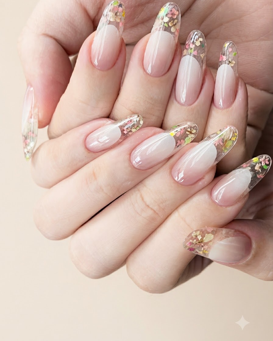 A pair of fine tweezers placing tiny multicolored dried floral pieces onto the wet gel-coated tip of a clear nail.