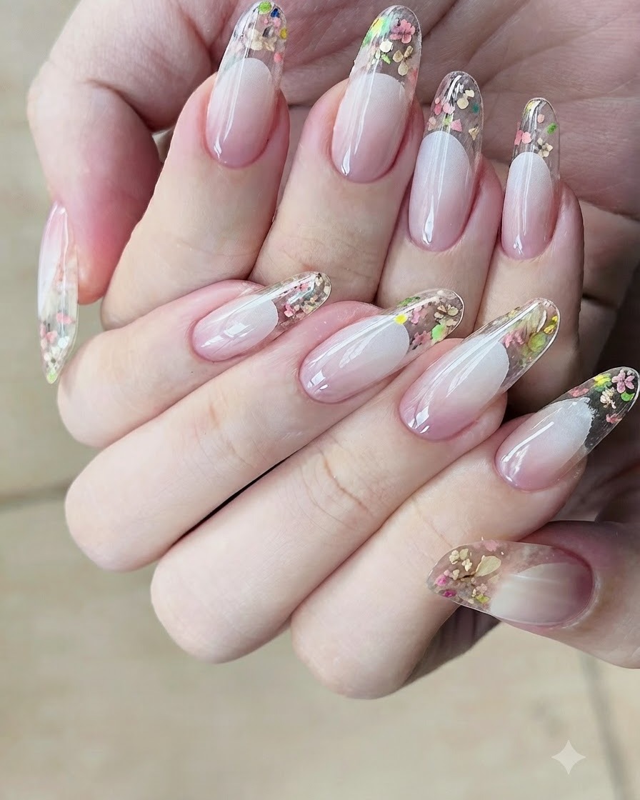 A detailing tool carefully adjusting the spacing of small dried flowers embedded on the transparent nail tip.