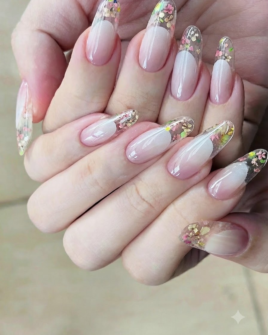 A brush smoothing a thick layer of clear builder gel over embedded dried flowers on a nail tip before curing.