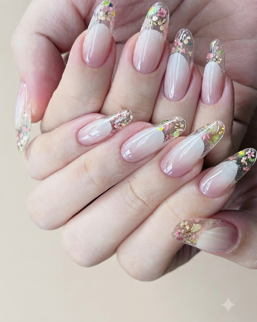 A nail brush applying a glossy top coat across the top surface and underneath the clear extension tip of a finished nail.