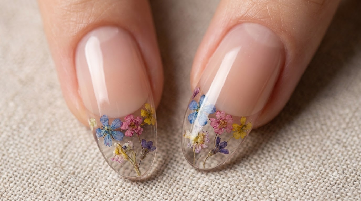 Clear Dried Flower Reverse French Manicure — Step-by-Step Tutorial