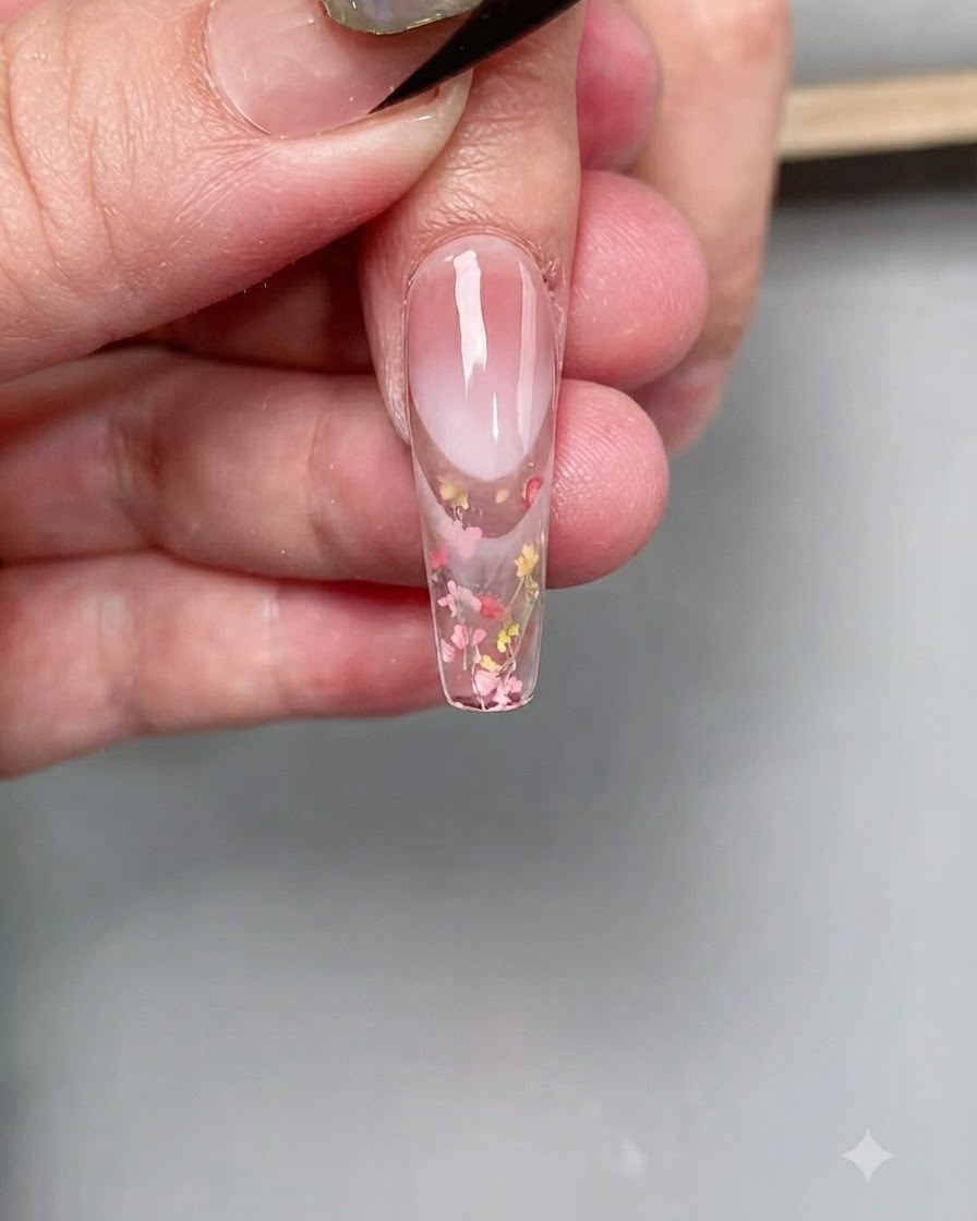 A nail positioned under a professional UV/LED curing lamp to set the top coat on the tip.