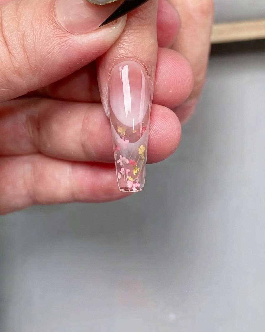 A brush applying a clear special top coat over a long coffin-shaped nail embedded with colorful dried flowers.