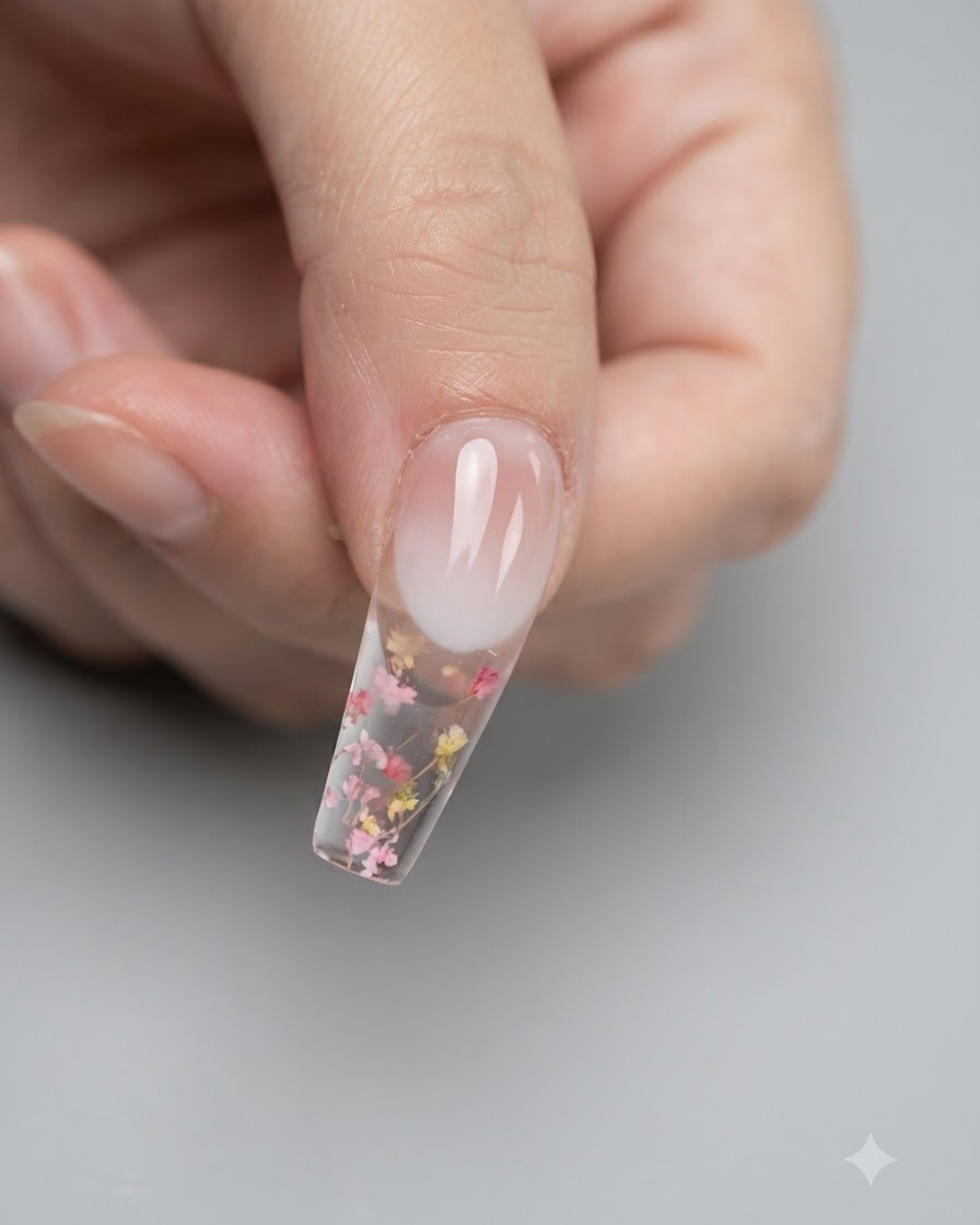 A sponge applicator dabbing and rubbing pigment powder onto the tip of a nail to create an ombre effect.