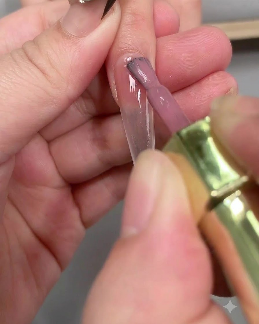 A brush applying clear base coat evenly over the entire surface of a long coffin-shaped nail.