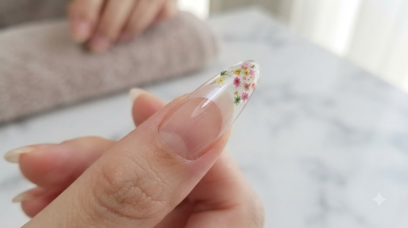 Spring Dried Flower Ice-Transparent French Nails — Step-by-Step Tutorial