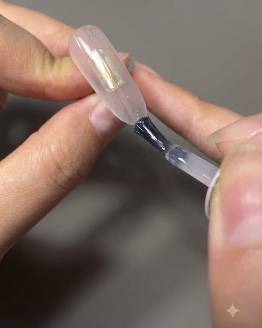 A brush feathering and pulling gel polish down an almond-shaped nail to create an ombre effect.