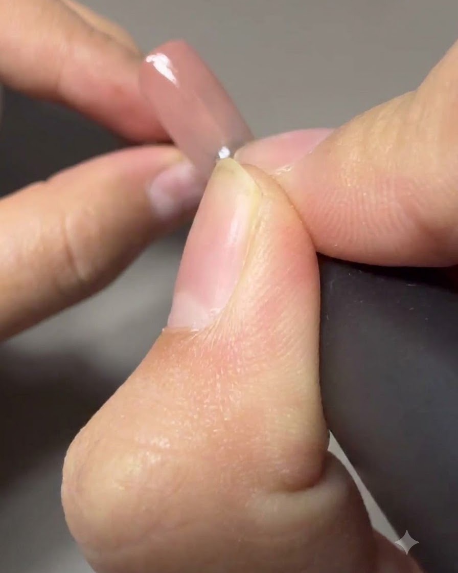 Applying a clear coat of strengthening gel over the prepped nail surface.