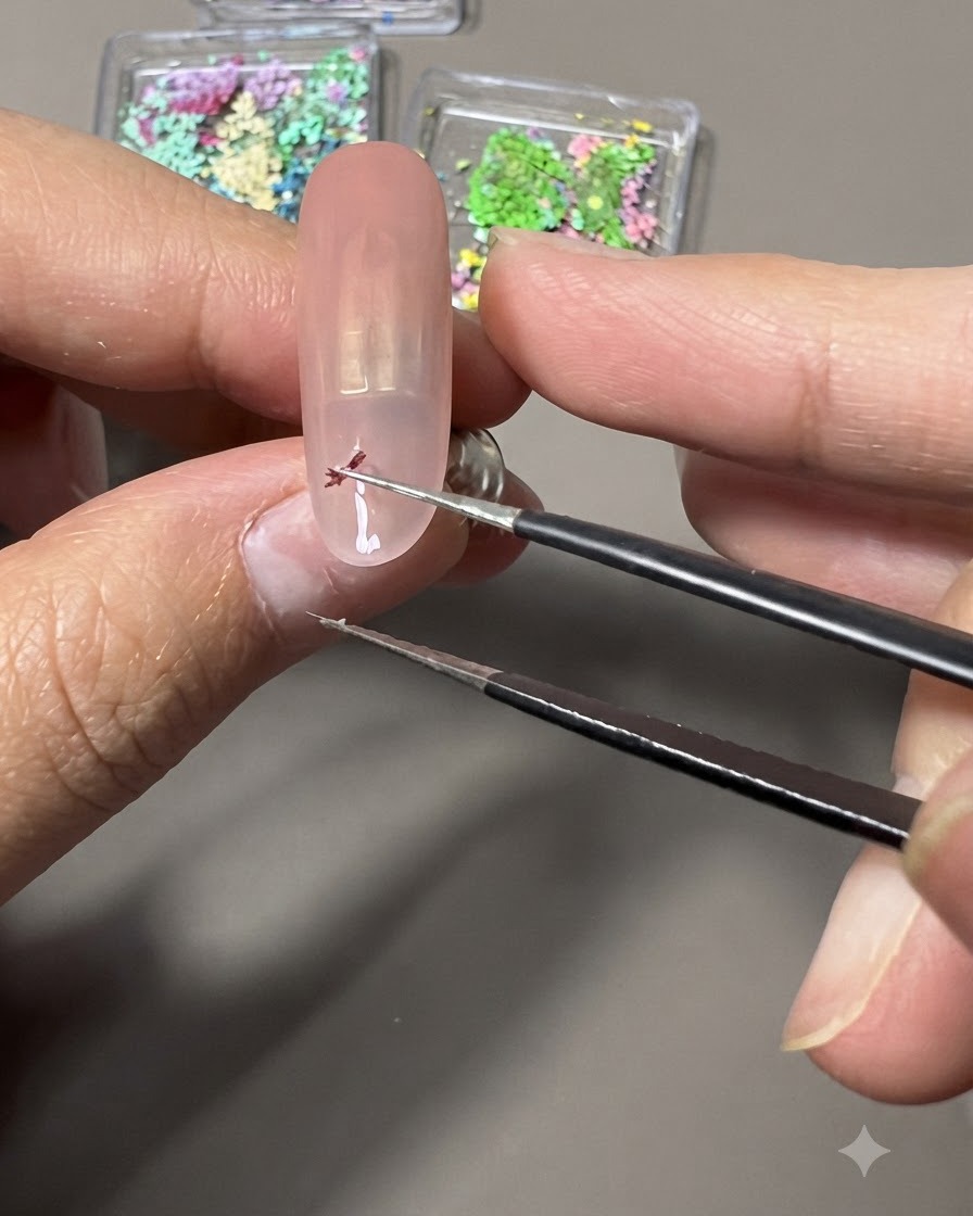 A pair of tweezers placing tiny colorful dried flowers in a curved line on a nail.