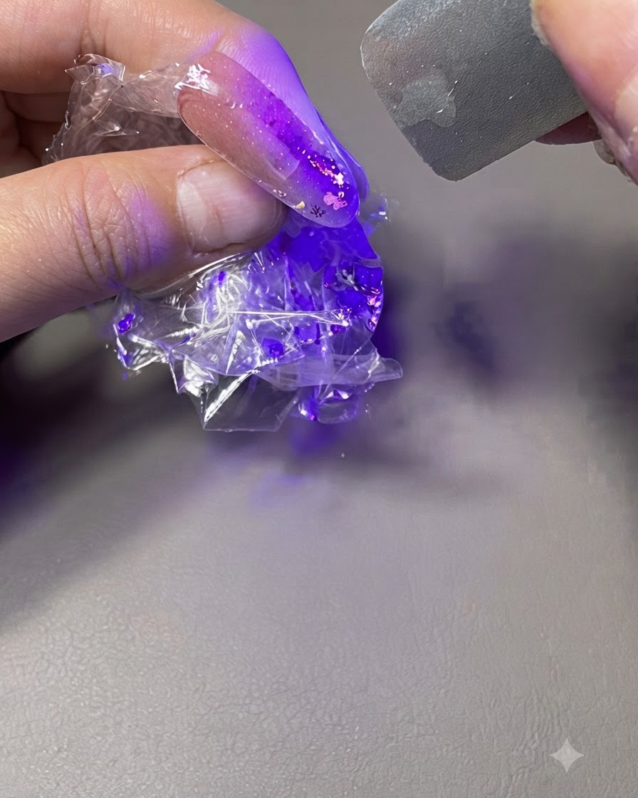 A hand holding a nail wrapped in plastic wrap under a purple UV/LED curing light.