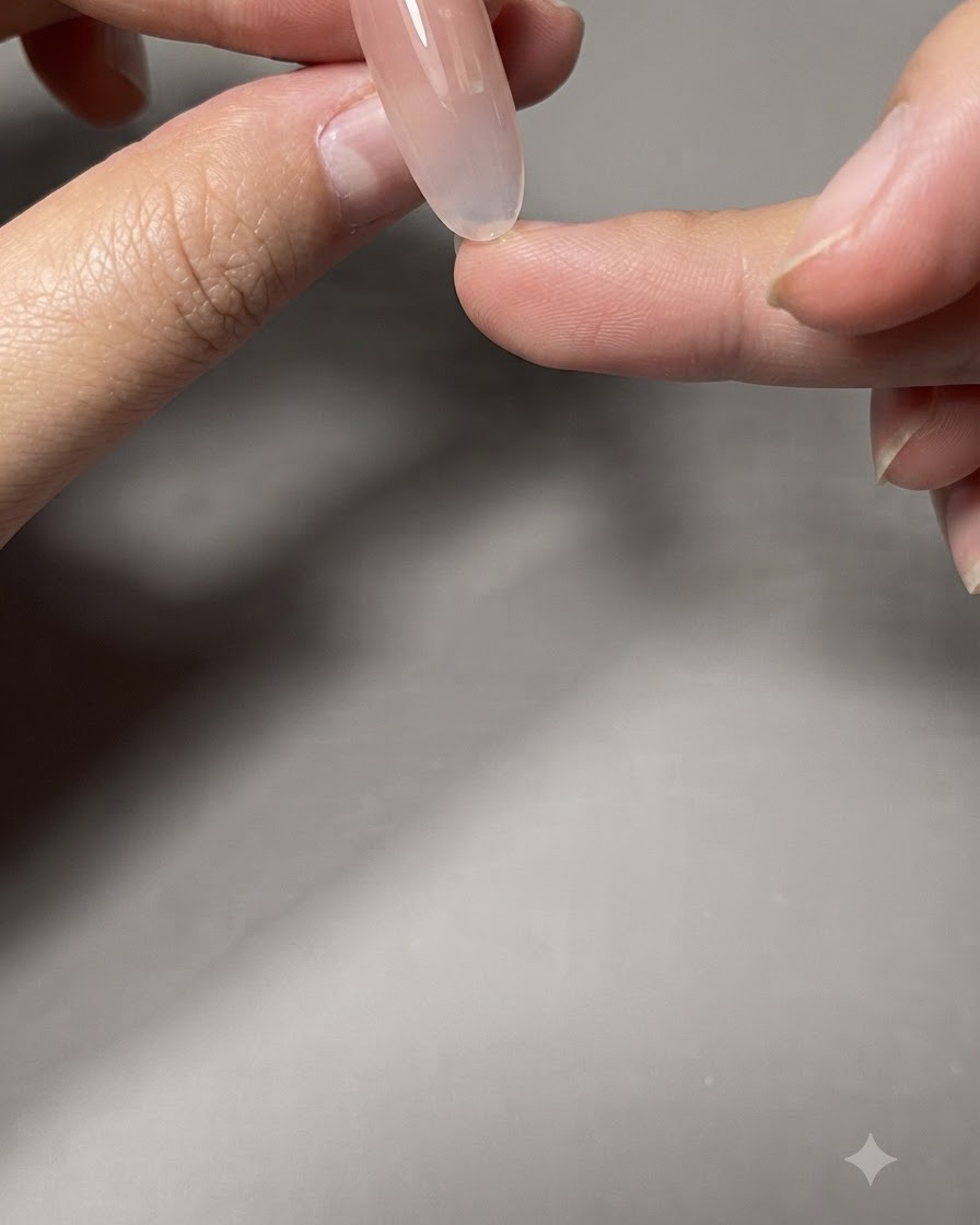 A close-up of a hand applying strengthening gel over a nude-colored nail.