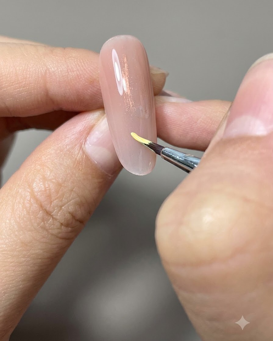 A fine liner brush applying a small yellow bracket shape onto a nude nail.