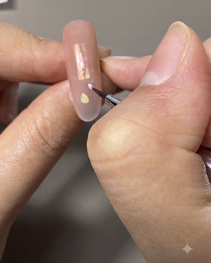 A close-up view of a fine liner brush applying pink gel inside the outline of a tulip blossom on a neutral-toned nail.