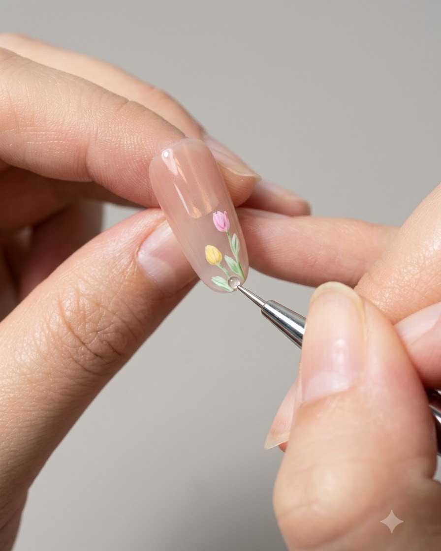A brush applying top coat sealant over a finished floral nail design.