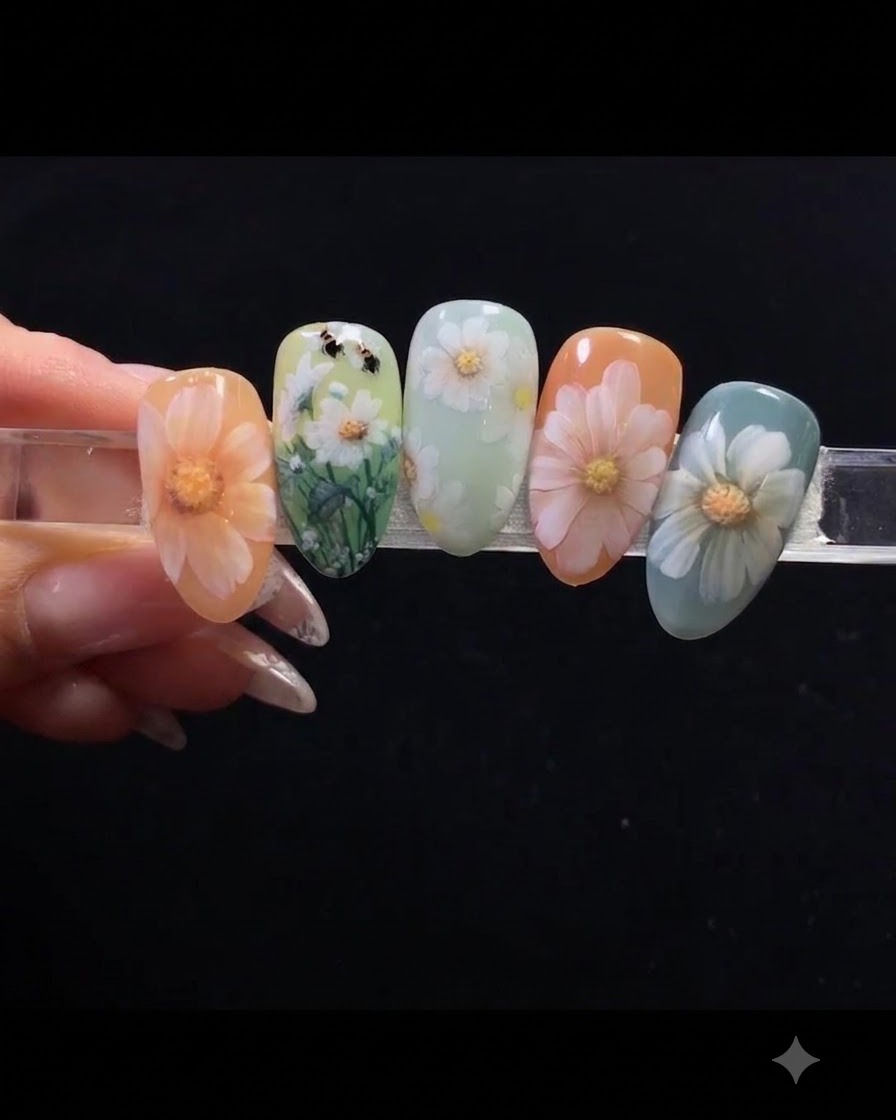 A detailing brush placing small dots of white gel onto a colored nail to map out daisy petals.