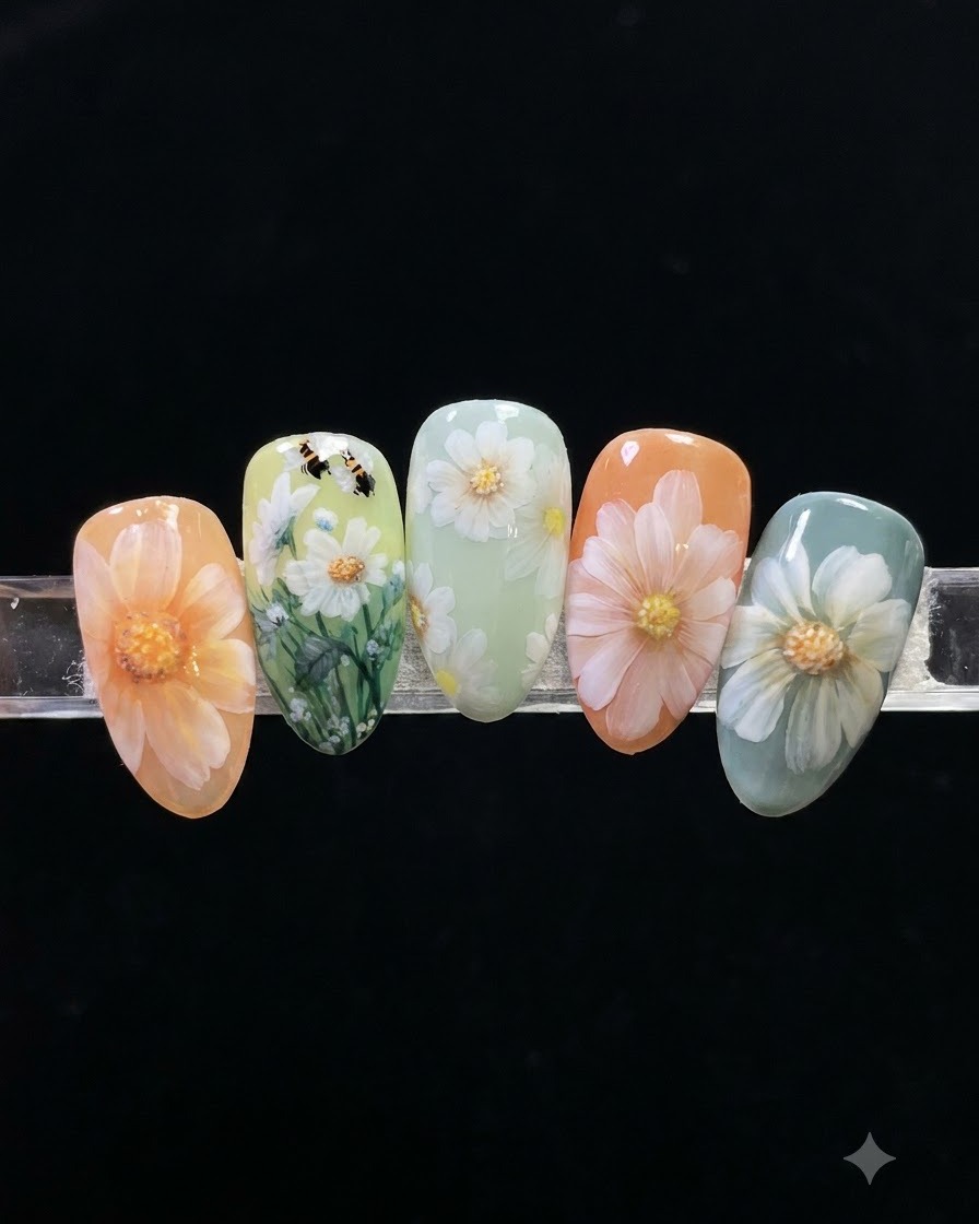 A nail art brush gently pressing and pulling white gel inward to form tapered flower petals.