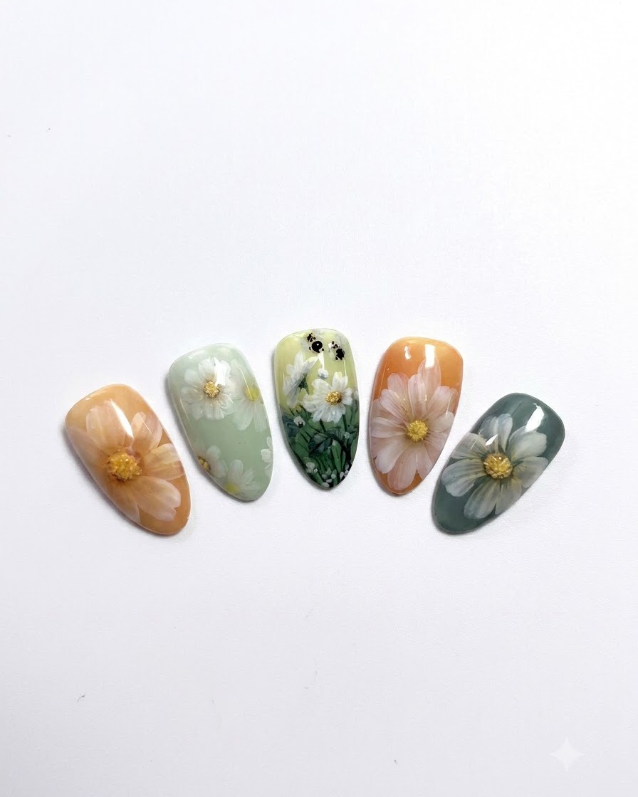 A completed hand with freshly painted daisy nail art placed under a curing lamp.
