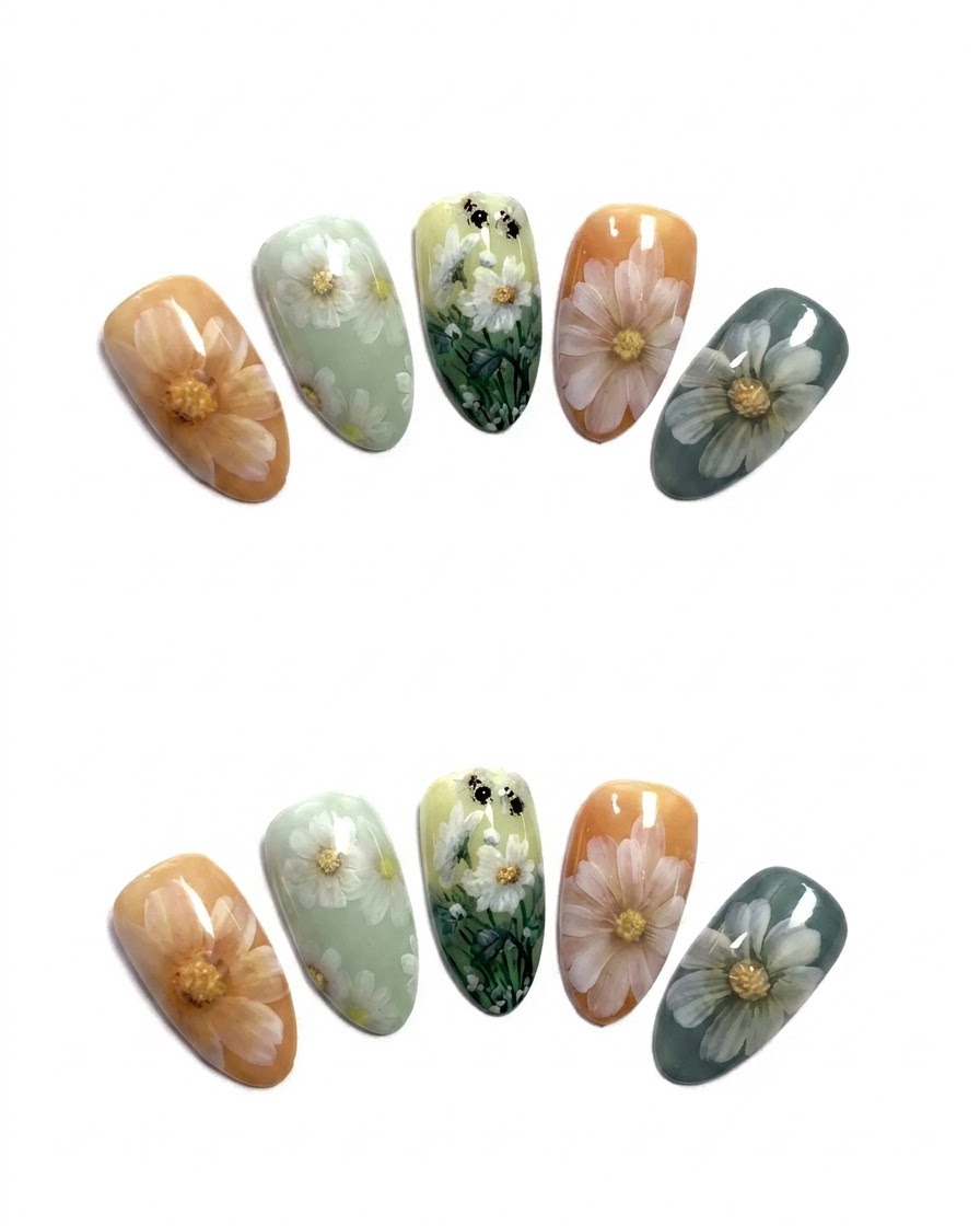 A brush applying translucent orange gel to the center of a painted daisy.
