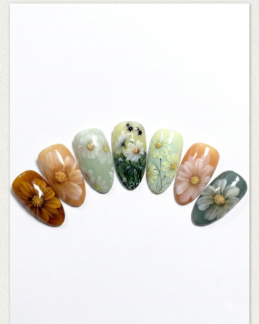 A nail brush applying a clear top coat over a finished daisy nail design.