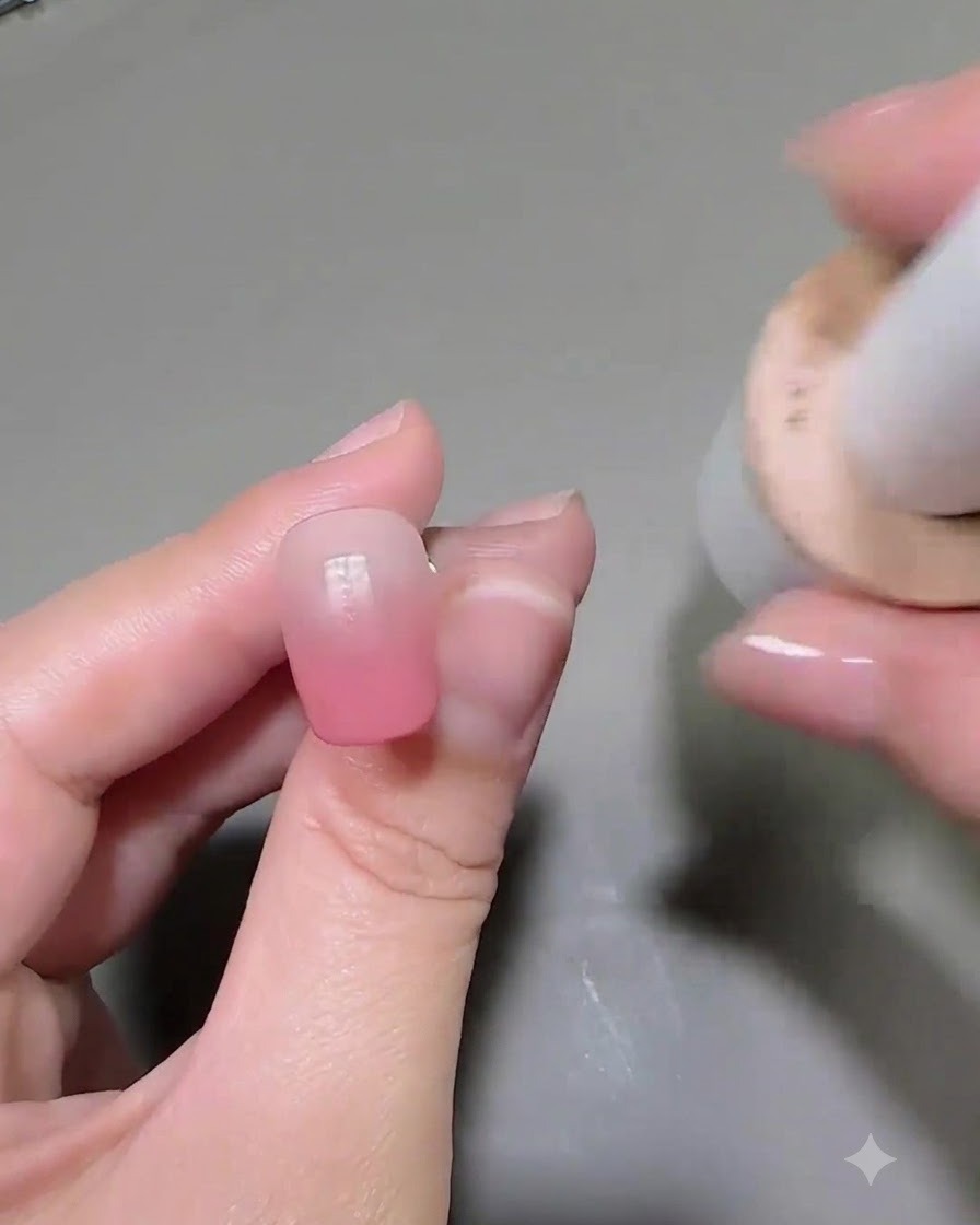 A brush applying a sweet light pink gel color coat over a pre-made gradient nail.