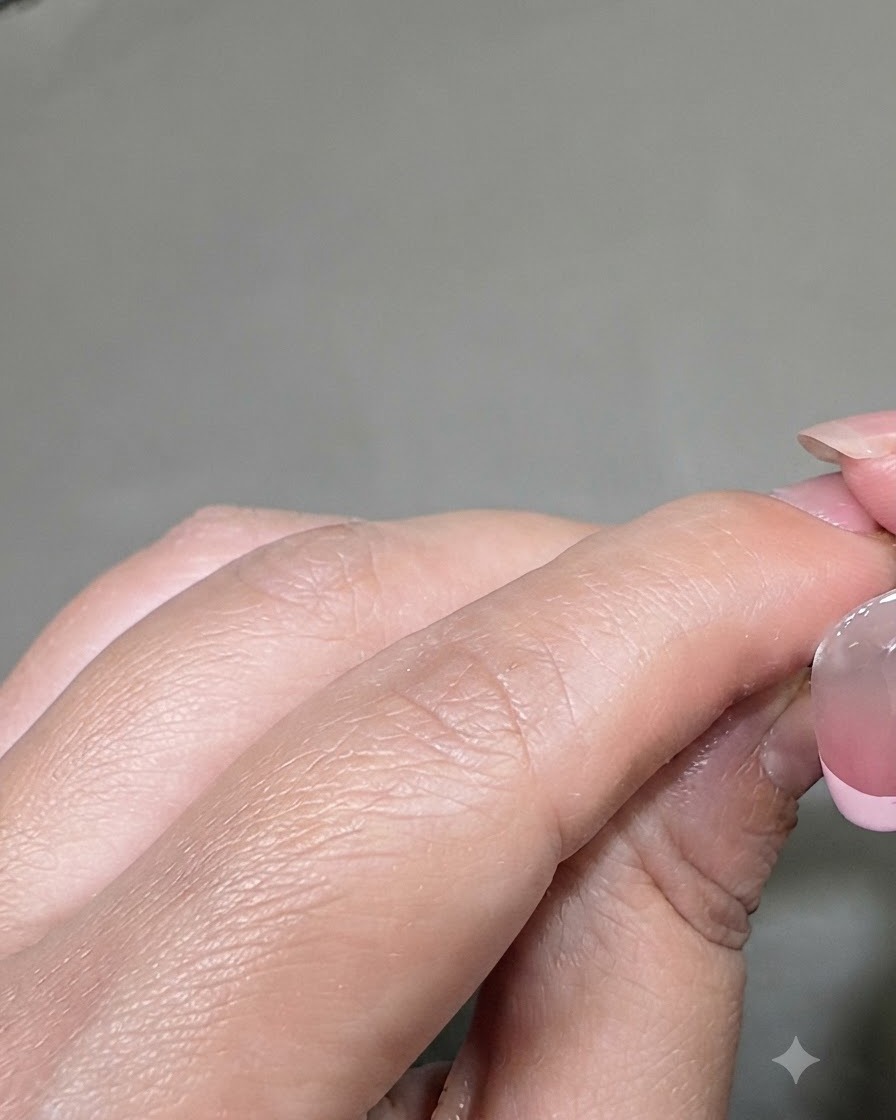 A fine liner brush applying a pink polish line along the tip of a nail to create a French manicure effect.