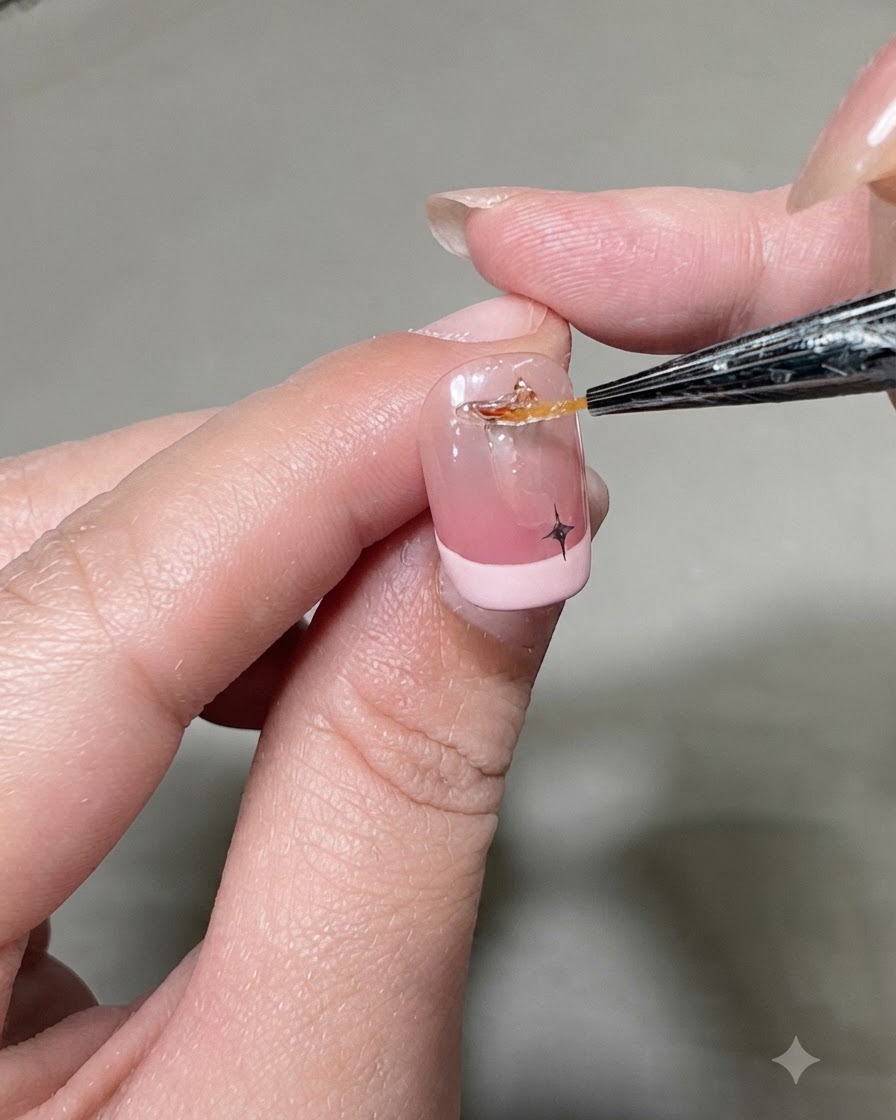 A detailing tool placing a small clear rhinestone next to a black star sticker on a pink French manicure nail.