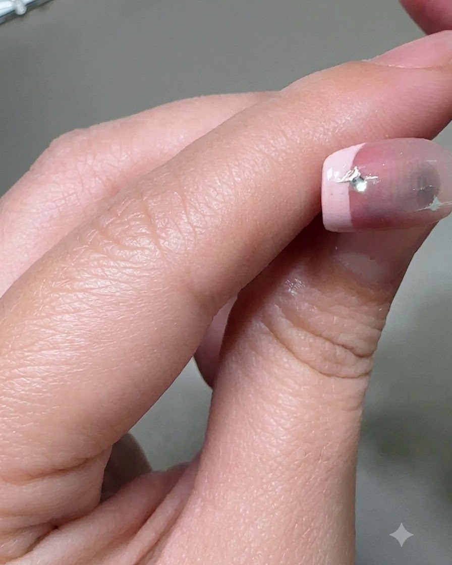 A close-up view of a nail being sealed with top coat around the rhinestones and star sticker.