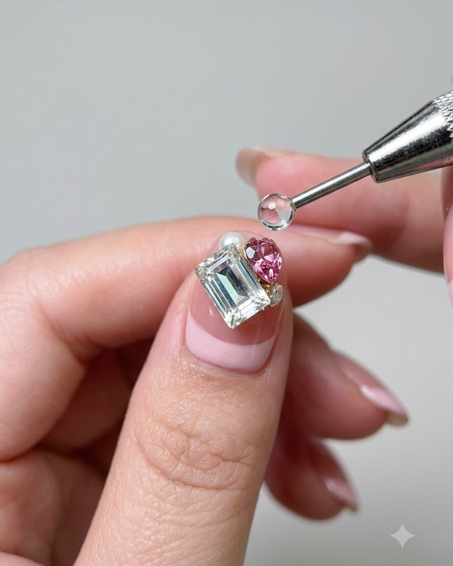 A dotting tool placing elements like a pink heart crystal and a small pearl next to a large rectangular diamond on a nail.