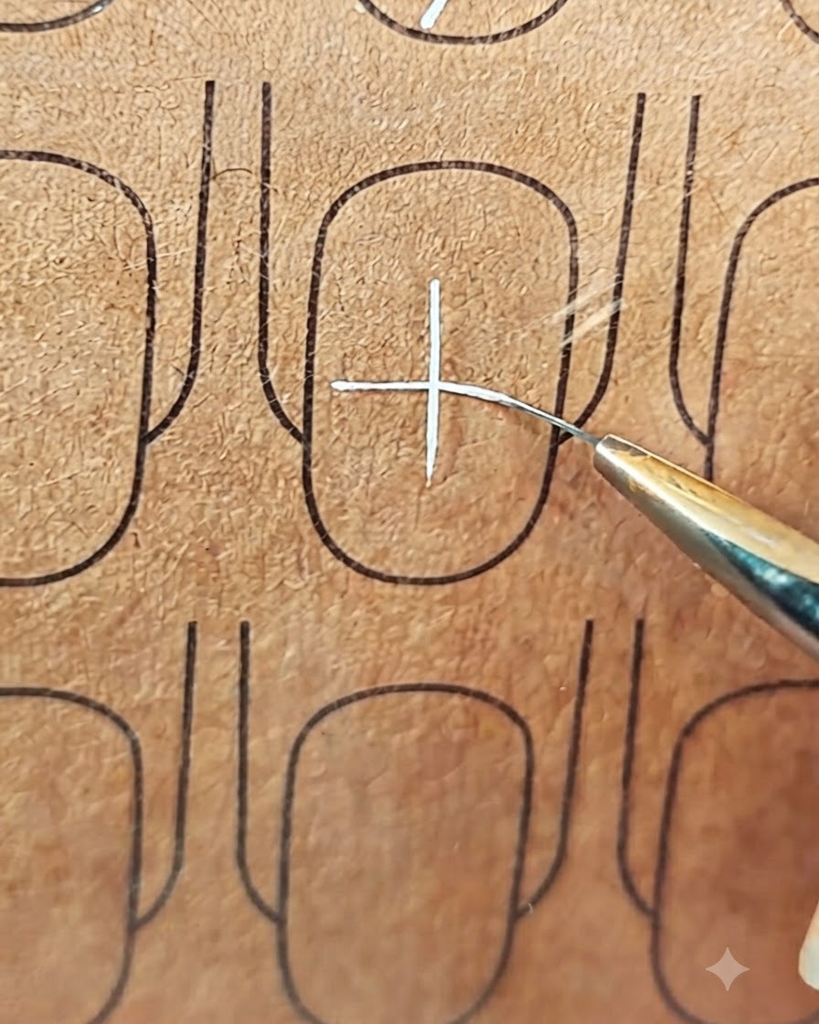 A thin liner brush adding a diagonal line through the center of the white cross on a practice nail.