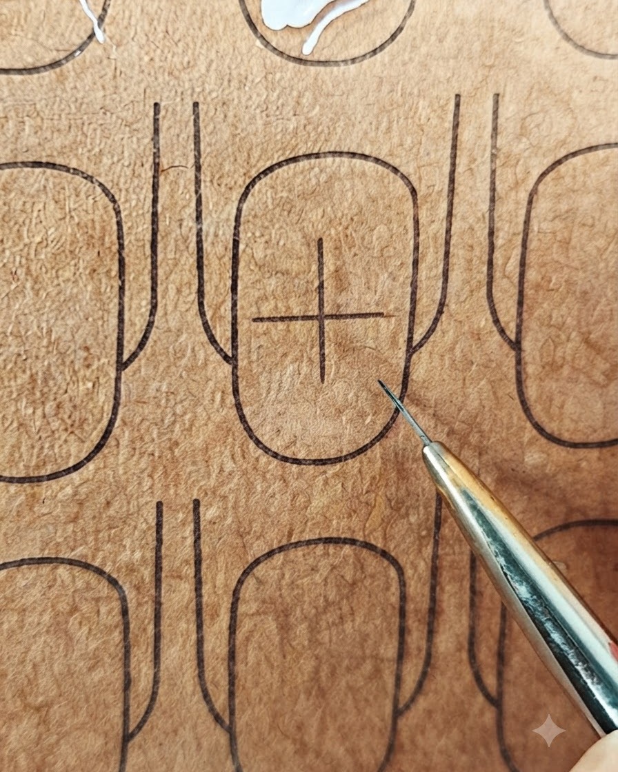 A close-up view of a completed white guide star pattern with crossed lines on a brown practice nail surface.