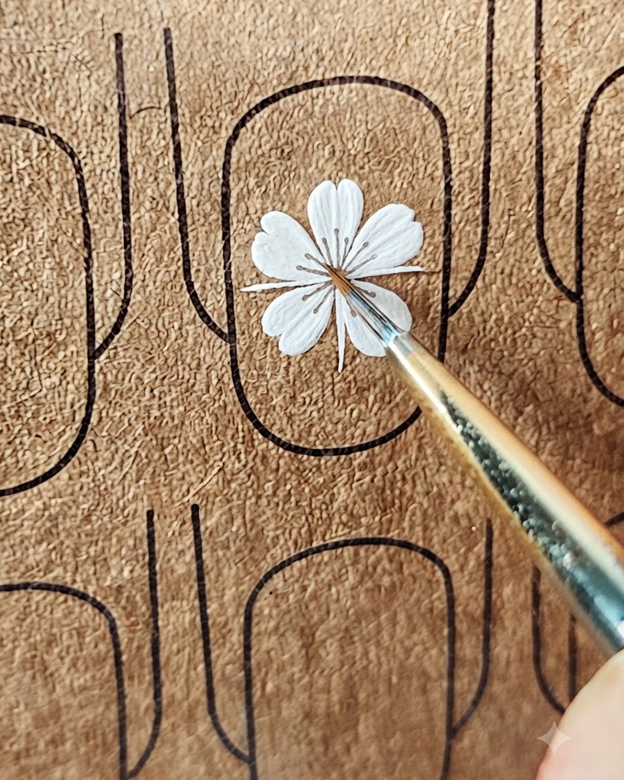 A nail art brush adding multiple white petals around a central point on a nail template.