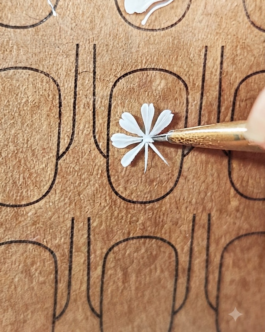 A close-up of a nail art brush painting the final petals of a white daisy.