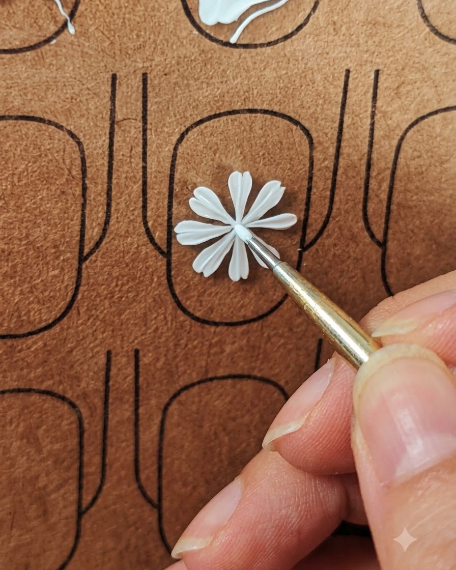 A dotting tool placing a small yellow dot in the center of white painted daisy petals.