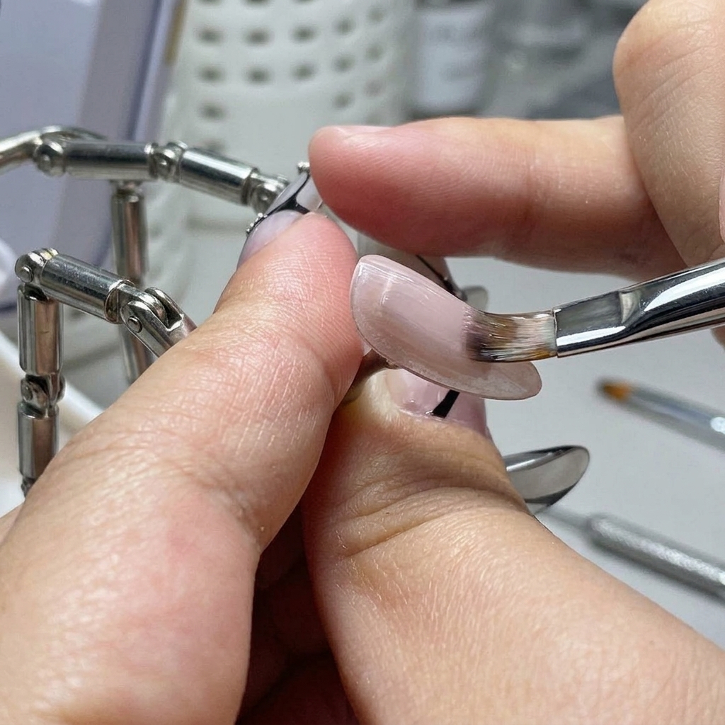 An alcohol wipe cleaning the sticky inhibition layer off a cured gel nail.