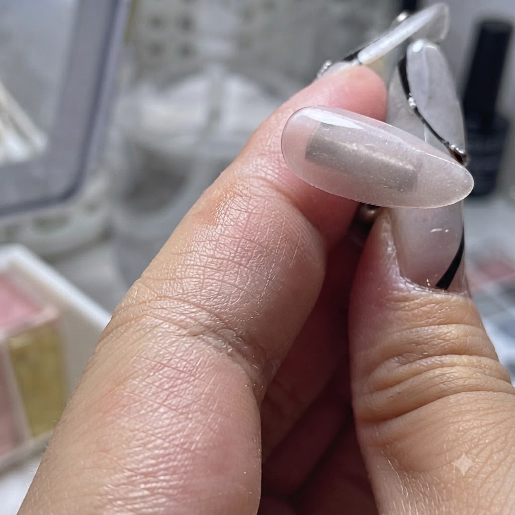 Transparent tape being used to lift dust off a clean makeup sponge surface.