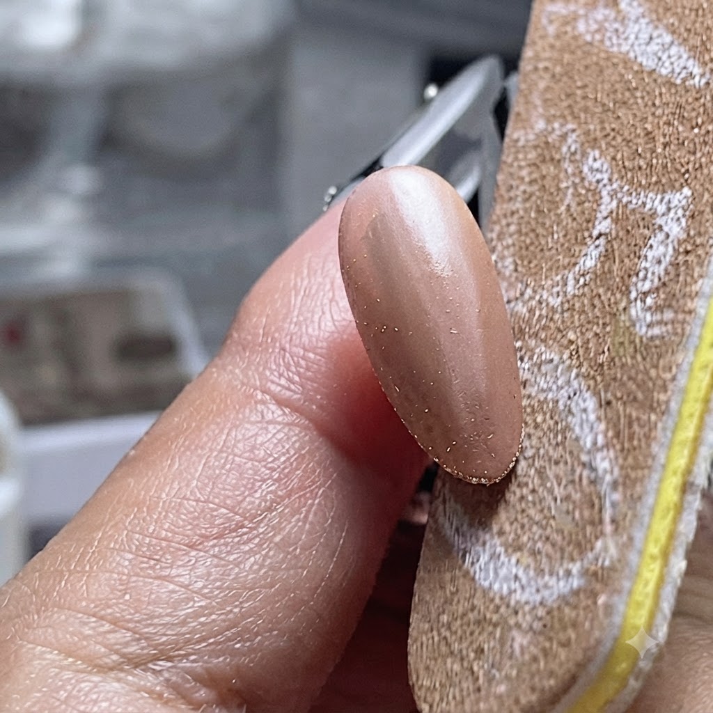 A brush applying a layer of clear base gel onto a colored nail surface.
