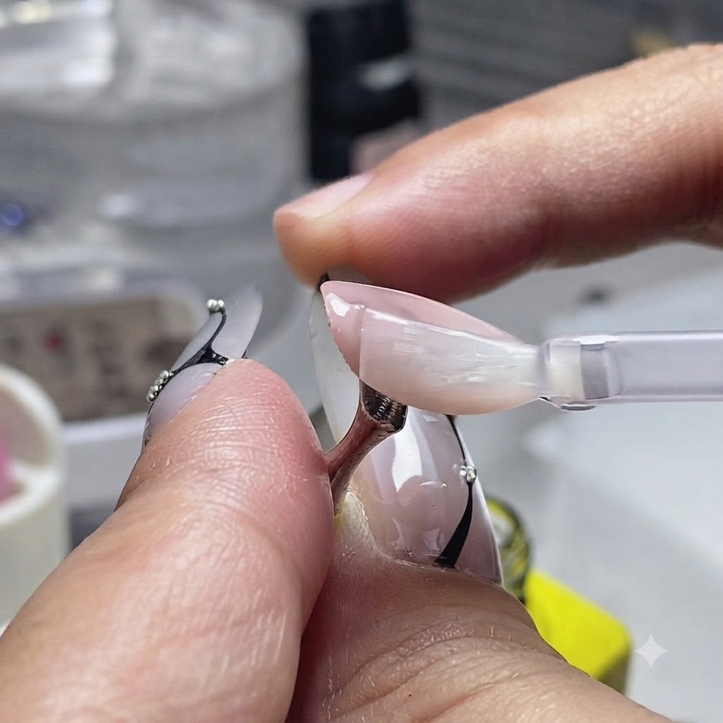Two fingers positioned under a nail curing lamp.