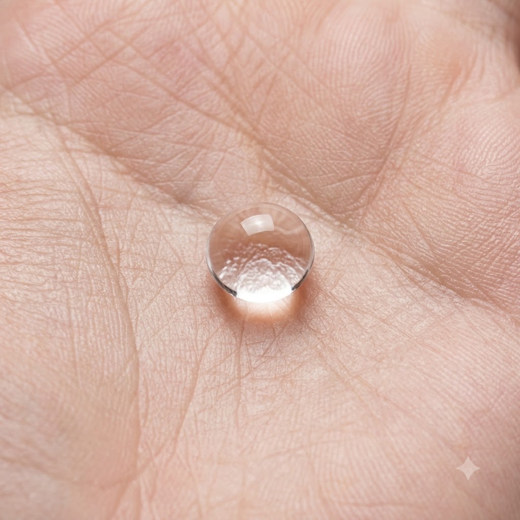 A perfectly round ball of clear soft candy gel sitting on a textured skin surface.