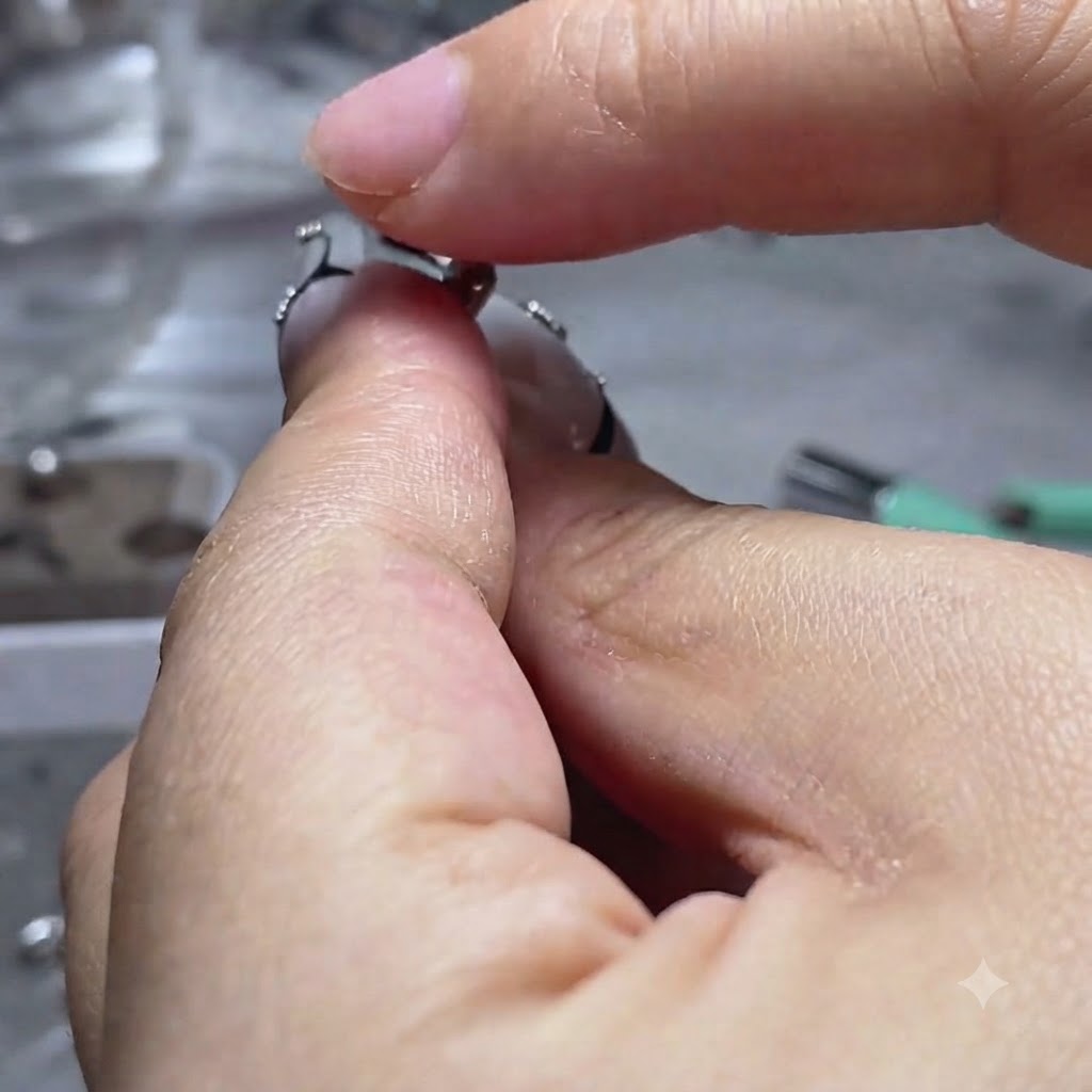 A finger pressing down a clear gel ball onto a practice nail plate.