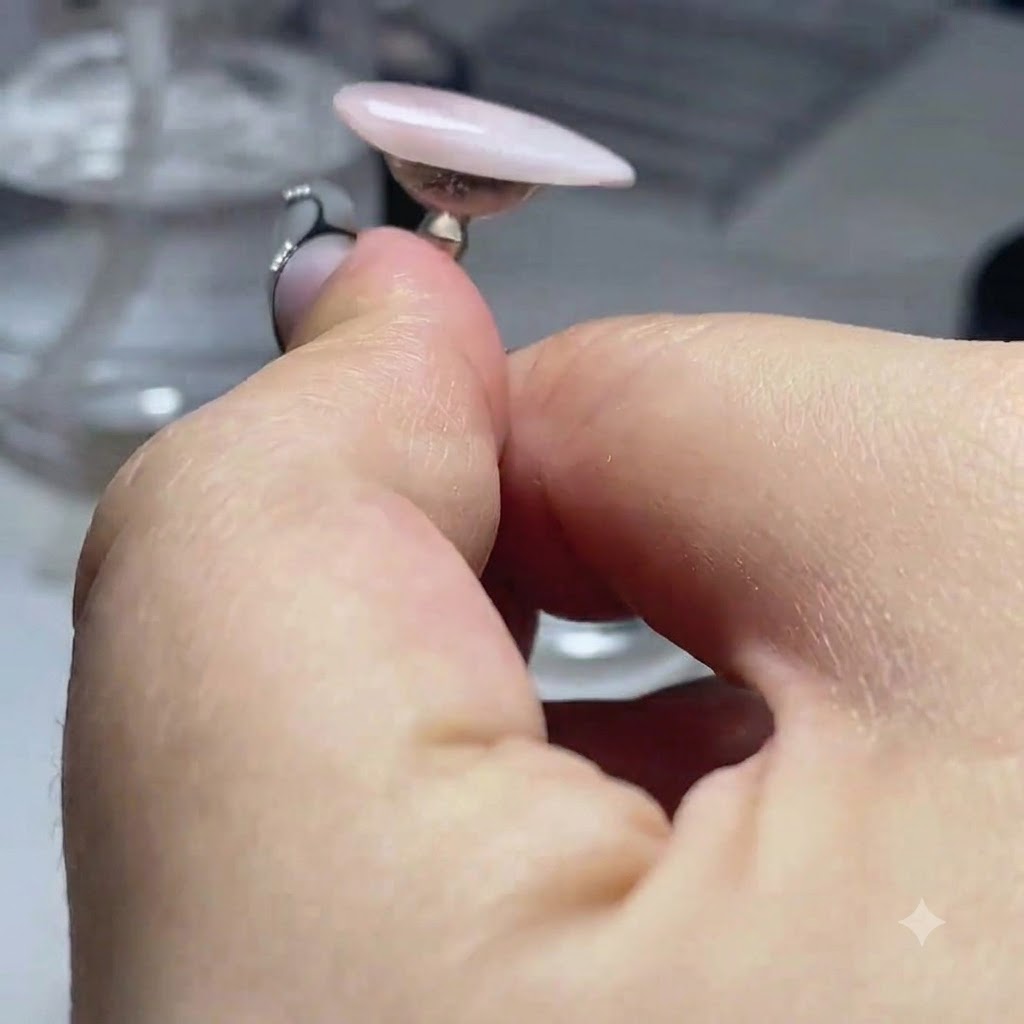 A shaped layer of clear soft candy gel resting smoothly on a practice nail attached to a holder.