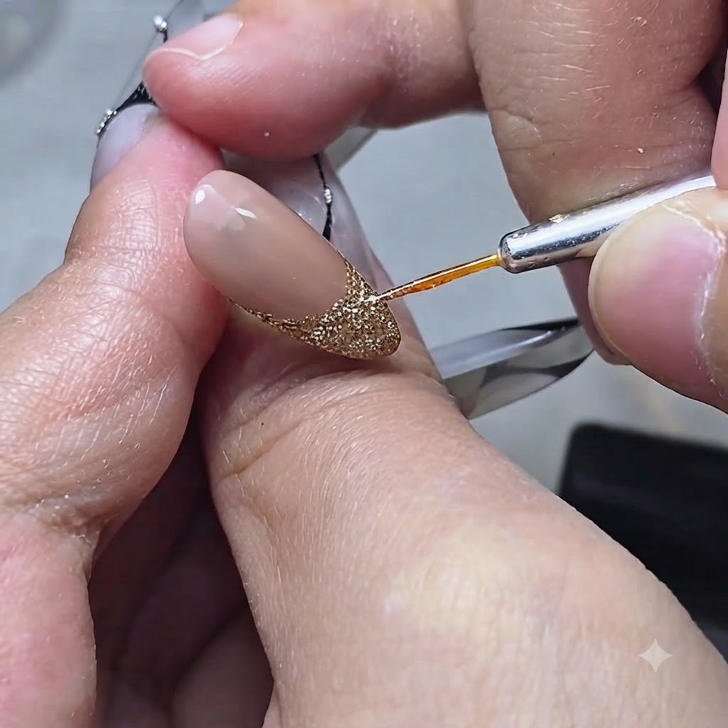 A fine strand of hair held near a nail tool for detailed nail art application.