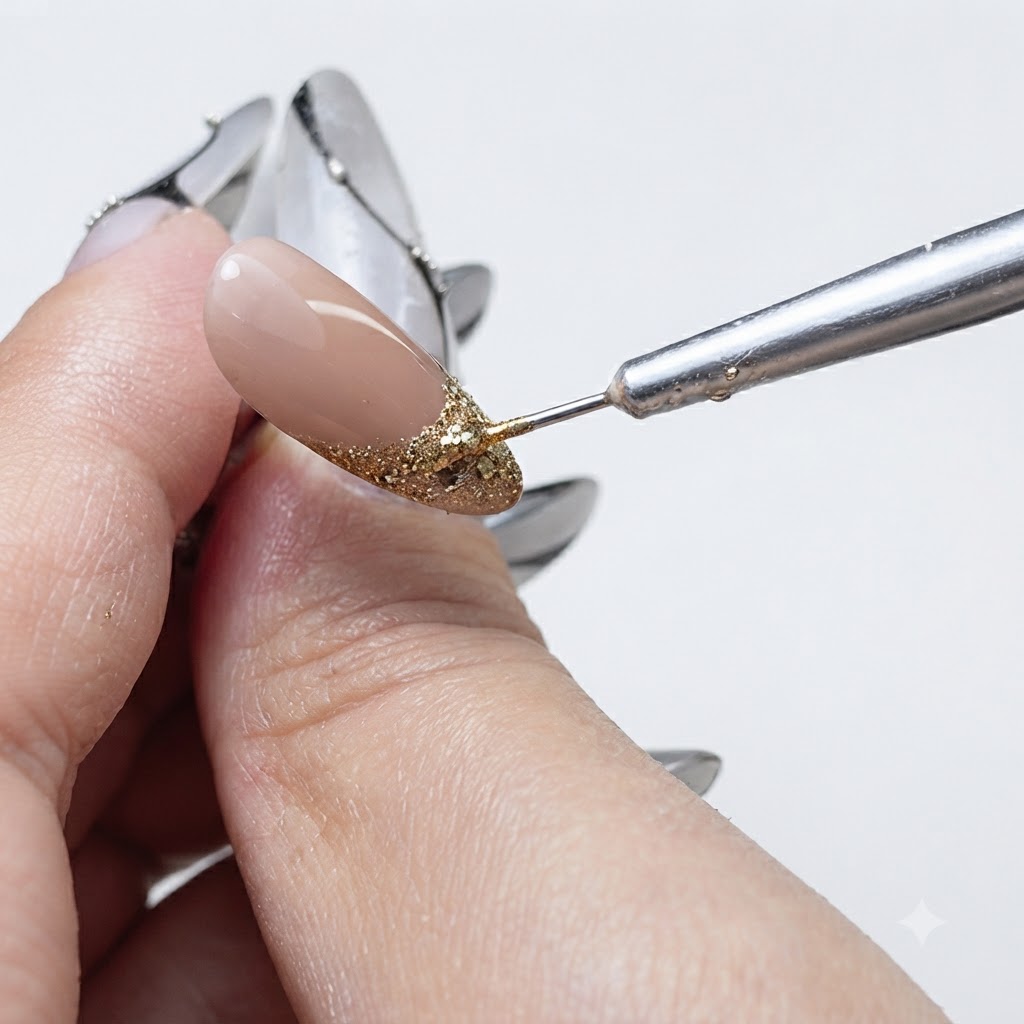 A tool pressing a fine line into soft gel on a nail to create a grid pattern.