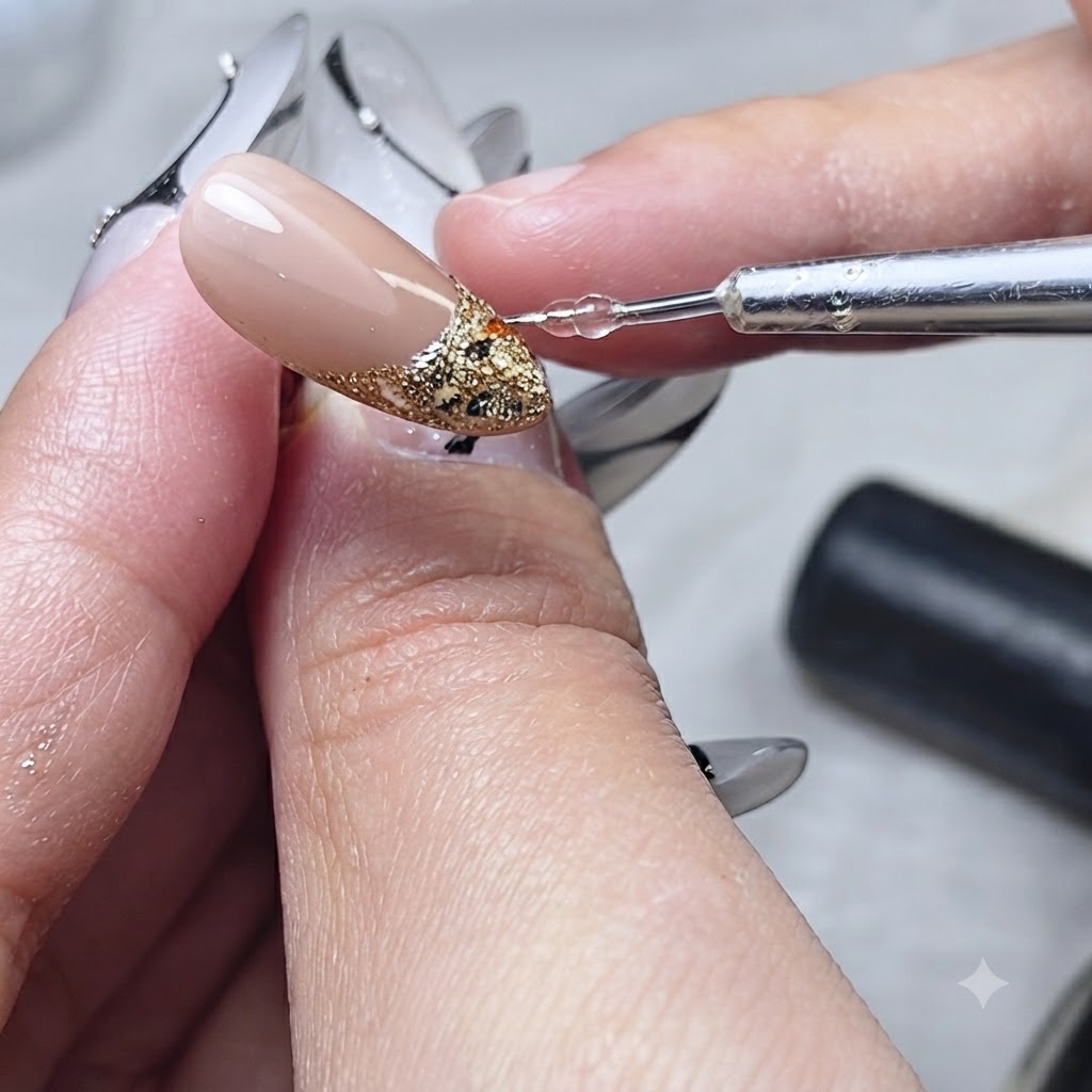 A finger lightly touching the side of a nail with alcohol to smooth and adjust the shape.