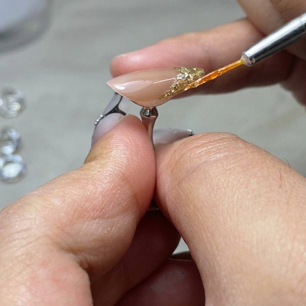 A nail with a 3D diamond grid design curing under a lamp light.